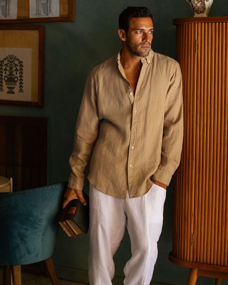 Beige Men's Linen Shirt – Classic Button-Down Shirt for Men – Long Sleeve Lightweight Linen Outfit, Look – Organic Clothing SINTRA Wheat