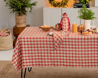 Linen Tablecloth in Red gingham. Rectangular tablecloth. Holiday tablecloth. Christmas table decor