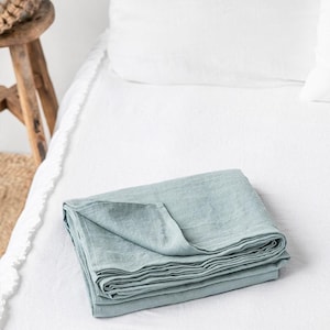 Dusty Blue Linen Flat Sheet – Stonewashed Flax Bedding – Soft Cool Tone Top Sheet – Breathable Natural Layer – Queen King Sizes Dusty blue