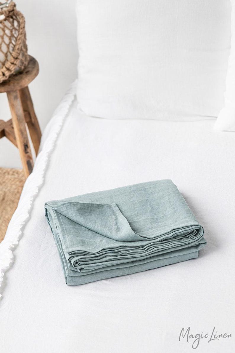 Dusty Blue Linen Flat Sheet – Stonewashed Flax Bedding – Soft Cool Tone Top Sheet – Breathable Natural Layer – Queen King Sizes Dusty blue