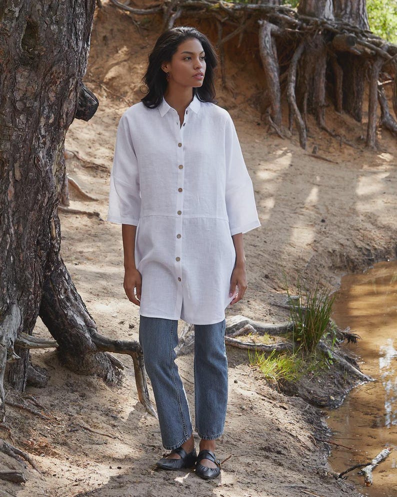 Camisa de linho branca feminina – Camisa de praia de linho grande – Túnica de caimento relaxado – Roupa de resort ética leve – Presente para ela SANIBEL White