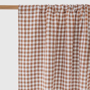 Cinnamon Gingham Linen Curtain Panel – Semi Sheer Rod Pocket Window Drapes – Custom Size Warm Check Curtain – Soft Farmhouse Kitchen Curtain