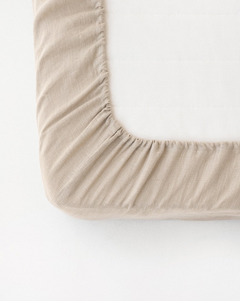 Linen fitted sheet in Natural Linen Oatmeal color. King / Queen bed sheet. image 3