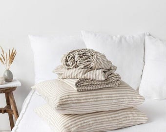 Natural Striped Linen Sheet Set – Horizontal Beige and Off-White Bedding – Breathable Flat Sheet, Fitted Sheet, Pillowcases – OEKO-TEX Set