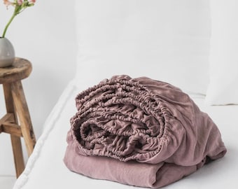Woodrose Linen Fitted Sheet – Dusty Pink Linen Bedding – Queen King Deep Pocket Bed Sheet – Soft Stonewashed Moisture Wicking OEKO Linen