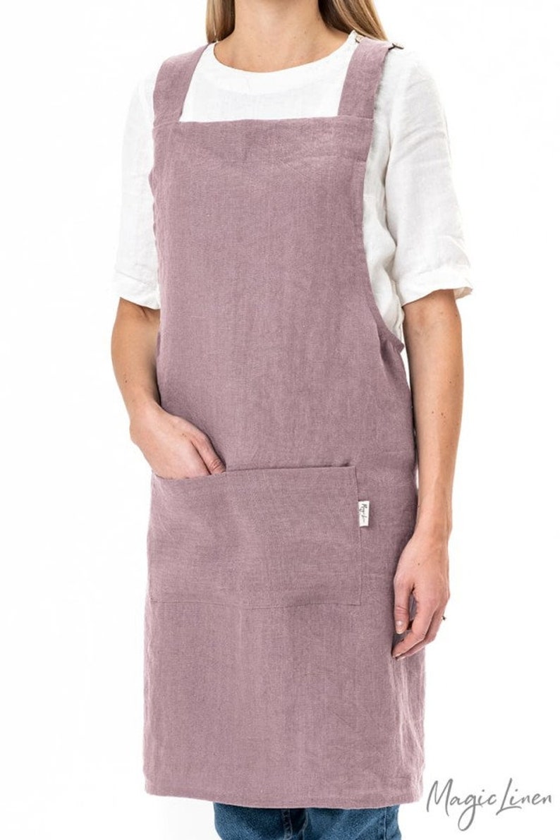 Pinafore linen apron. Japanese cross back apron. No ties linen aprons for women. Linen apron. Woodrose