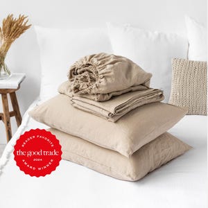 Natural Linen Sheet Set – Stonewashed Oatmeal Beige Bedding – Breathable Flat Sheet, Fitted Sheet and Pillowcases – OEKO-TEX Certified Linen