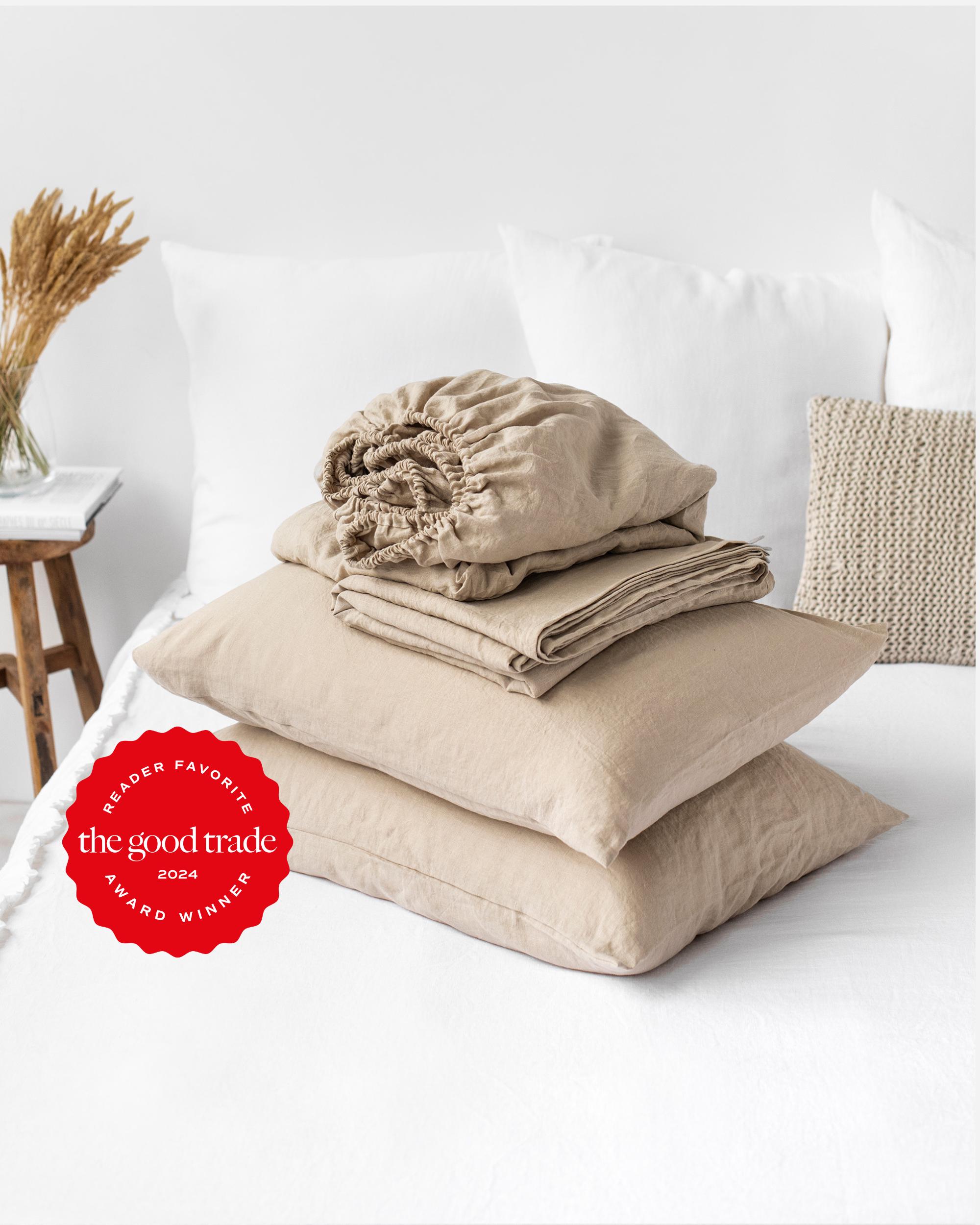 Natural Linen Sheet Set – Stonewashed Oatmeal Beige Bedding – Breathable Flat Sheet, Fitted Sheet and Pillowcases – OEKO-TEX Certified Linen