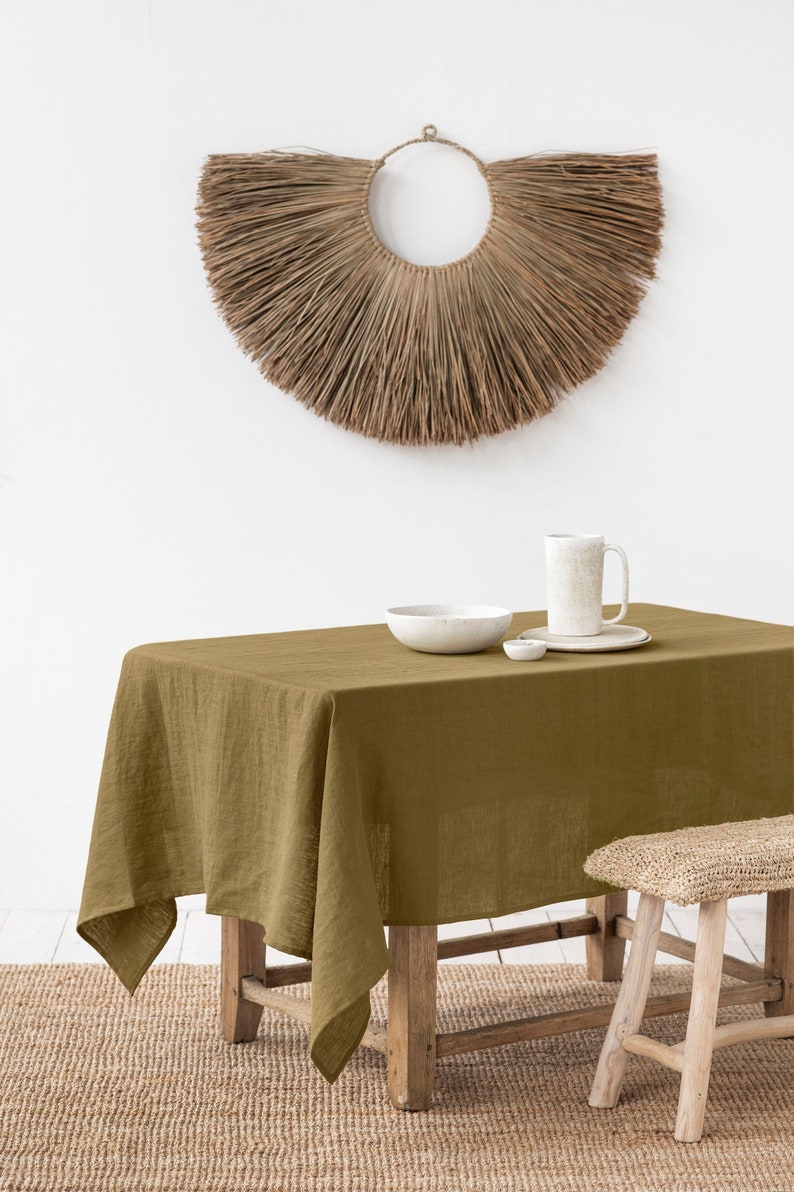 Olive Green Linen Tablecloth. Round, Square, Rectangular Table Linens