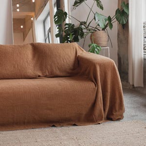 Linen Couch Cover – Cinnamon Waffle Sofa Throw – Full Coverage Washable Protector – Stonewashed Cotton Blend – Earthy Boho Living Decor
