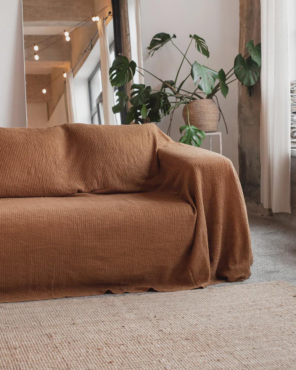 Housse De Canapé En Lin Gaufré Cannelle - Jeté Protecteur Lavable Enveloppant Mélange Coton Délavé Déco Boho Mondaine