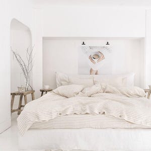 Natural Striped Linen Flat Sheet – Stonewashed European Top Sheet – Natural Soft Neutral Bedding – Coastal Cottage Style – Queen King Sizes image 3