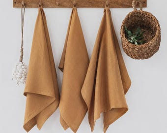 Linen Tea Towel Set of 3 in Tan — 100% European Flax Kitchen Towels — Absorbent Dish Cloth — Hanging Kitchen Gift — Farmhouse Home Decor