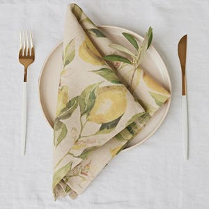 Linen Napkins – Set of 2 – Signature Citrus Fruit Print – Natural Linen Table Napkins – Stonewashed European Flax – Reusable Host Gift Idea