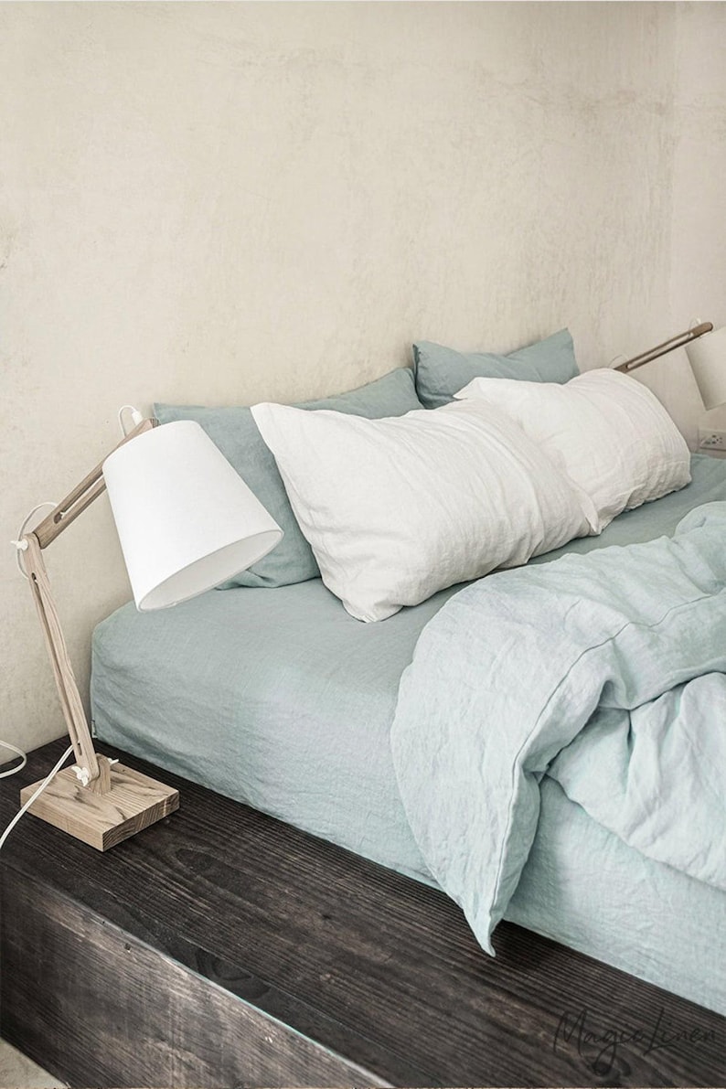 Juego de sábanas de lino azul polvoriento – Ropa de cama Coastal Stonewashed – Sábana encimera transpirable, sábana ajustable, fundas de almohada – Lino puro con certificación OEKO-TEX imagen 3