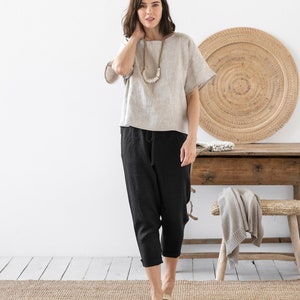 Linen pants DOMME in Natural melange. Loose linen trousers with elastic waistband. Linen clothing for women. Black