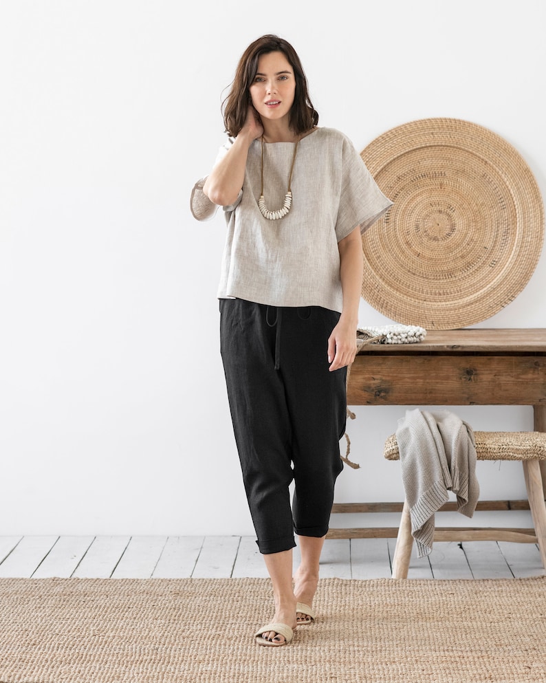 Linen pants DOMME in Natural melange. Loose linen trousers with elastic waistband. Linen clothing for women. Black