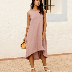 Clay linen dress Royal Toscana. Asymmetrical, sleeveless, loose, knee-length linen summer dress. Women's clothing. Woodrose