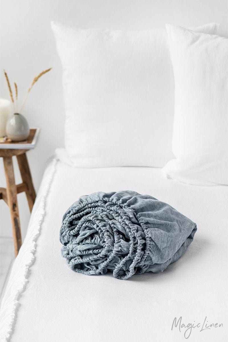 Drap-Housse en Lin Bleu Melange. King, Queen, Draps de Lit Personnalisés. Literie Linge Lavé.