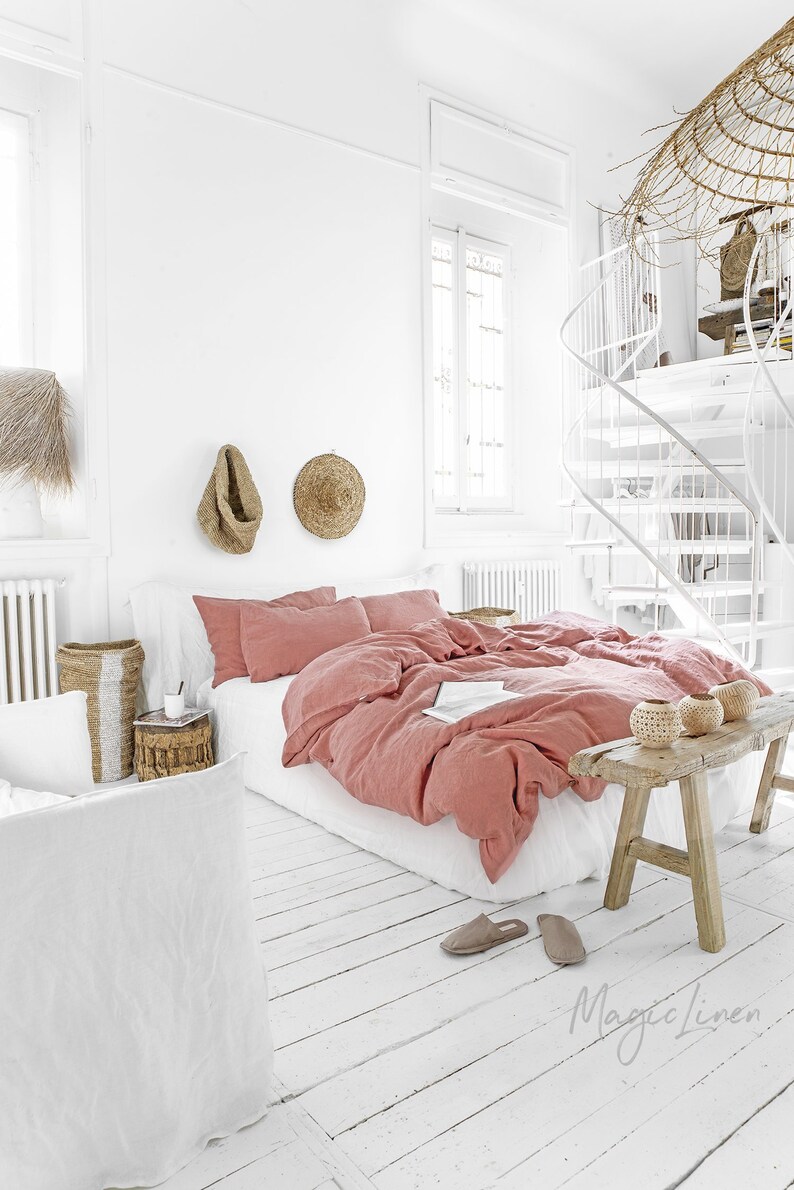 3 Piece Linen Bedding Set In Rust Pink King Queen Duvet Image 0