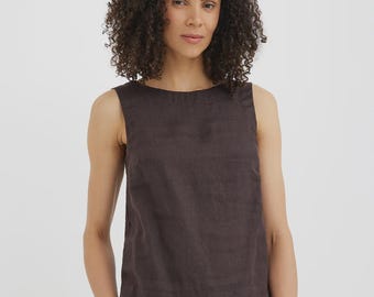 Tobacco Brown 100% Pure Linen Oversized Tank Top