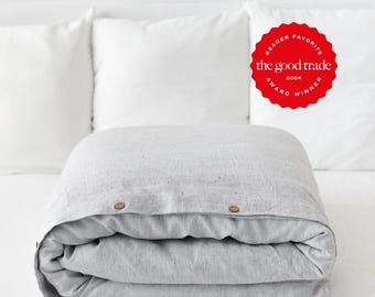 Black Pinstripe Linen Duvet Cover — 100% European Flax Bedding — Interior Ties and Coconut Button Closure — Breathable 190 GSM Linen