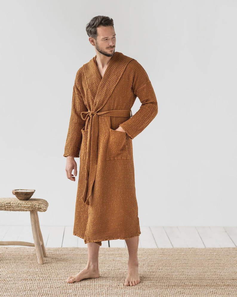 Men’s Linen Robe — Hooded Waffle Bathrobe — Linen Cotton Spa Robe — Lightweight Loungewear image 1