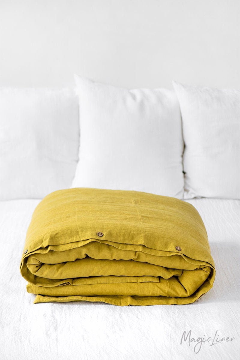 Housse de Couette en Lin Jaune Mousse. Literie Linge Lavé. Tailles Personnalisées. Ferme, Décor Boho