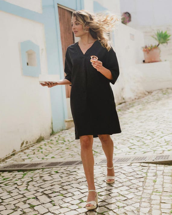 black linen dress outfit Linen Tunic Dress WAIKIKI in Black