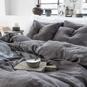 Linen bedding set in Charcoal Gray Dark Gray color. King, Queen linen duvet cover 2 pillowcases. image 1