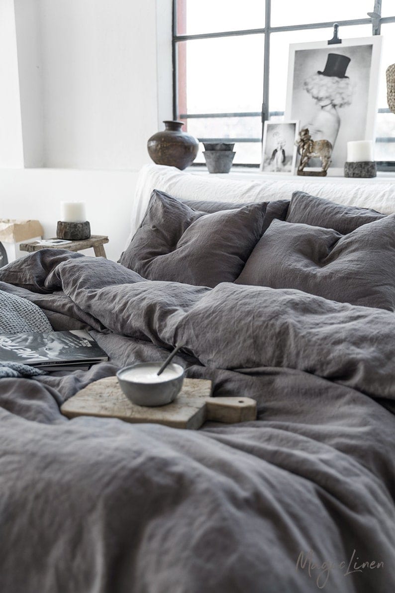 Linen bedding set in Charcoal Gray Dark Gray color. King, Queen linen duvet cover 2 pillowcases. image 1