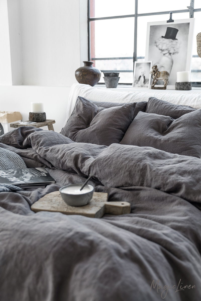 Linen Bedding Set in Charcoal Gray dark Gray Color. King, Queen Linen Duvet  Cover 2 Pillowcases. 