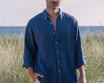 Camisa de lino de manga larga para hombre - Camisa azul marino con botones - Top de lino de corte relajado - Ropa informal de oficina de verano transpirable BOSTON