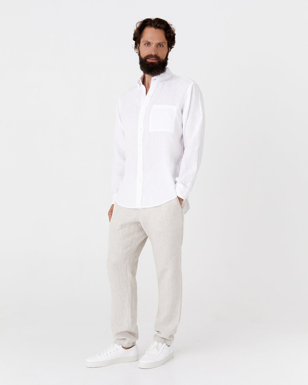 Men's White Linen Long Sleeve Shirt