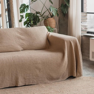 Linen Couch Cover – Beige Waffle Sofa Throw – Full Coverage Washable Protector – Stonewashed Cotton Blend – Minimalist Neutral Decor