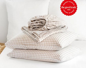 Natural Gingham Linen Sheet Set – Neutral Checkered Bed Sheets – Stonewashed Flat Sheet, Fitted Sheet and Pillowcases – Soft Rustic Bedding