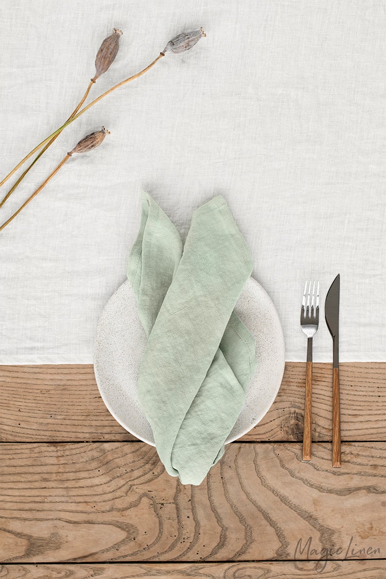 Sage green linen napkin set of 2. Handmade stone washed linen image 1