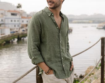 Camisa de lino de manga larga para hombre - Verde niebla con botones - Corte relajado - Camisa transpirable de verano para hombre - Ropa informal de oficina BOSTON