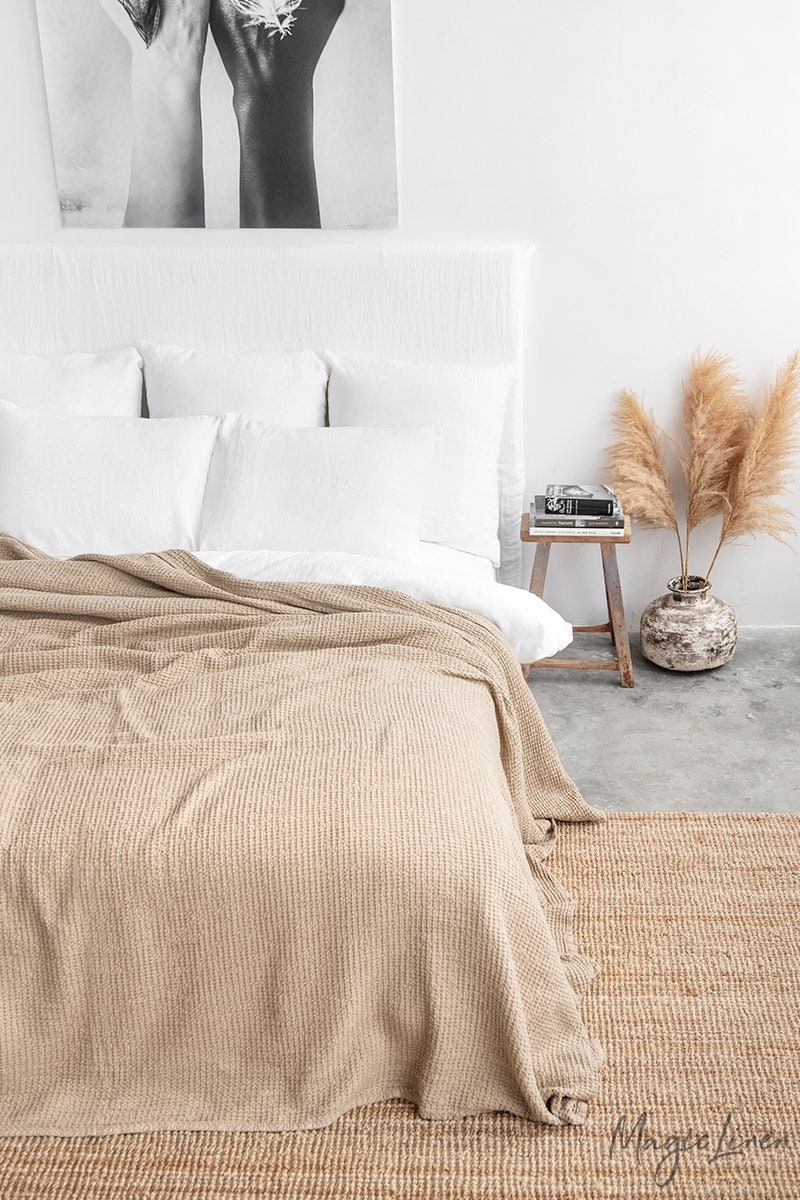 Waffle Linen Blanket in Beige. Linen Throw Blanket. Light Brown Linen Bed Throw in King Queen Sizes. Bedspread Coverlet. Etsy