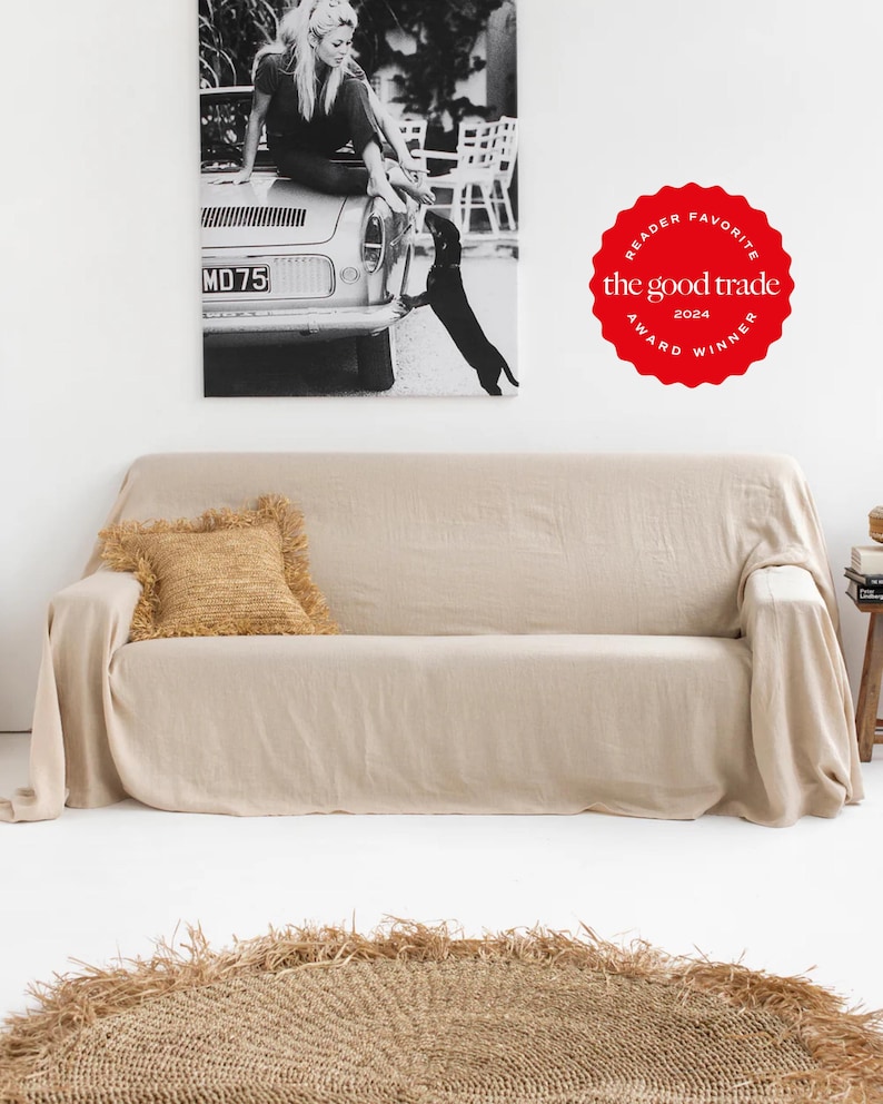 Bankhoes van natuurlijk linnen — Beige bankhoes — Sierhoes — Bankhoes op maat afbeelding 1