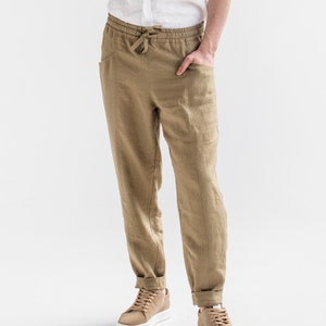 Men's linen pants TRUCKEE in Dried moss Elastic waist linen trousers Boho pants image 2