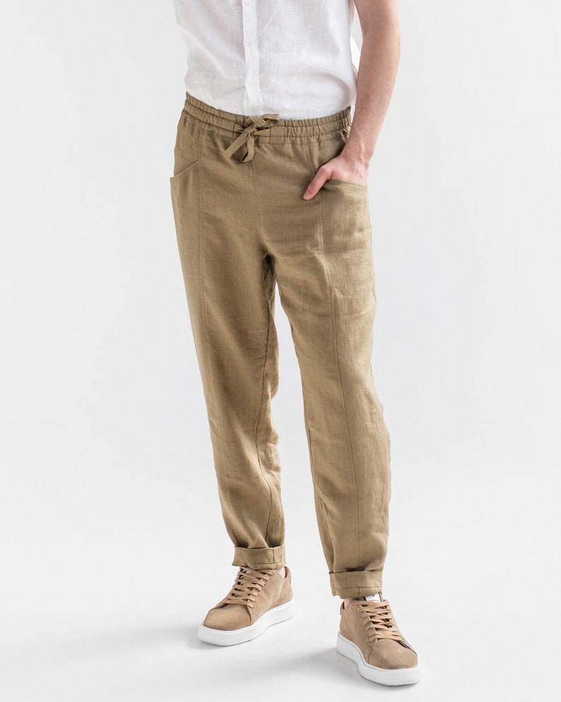 Men's linen pants TRUCKEE in Dried moss Elastic waist linen trousers Boho pants image 2