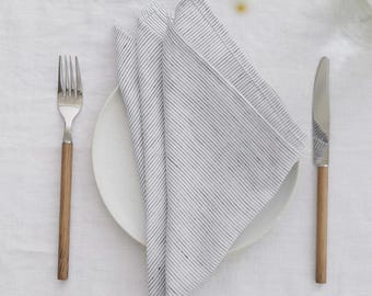 Black Pinstripe Linen Napkins Set of 2 – Cloth Dinner Napkins – Reusable European Flax Table Linens – Minimal Hostess Gift