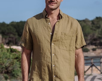 Khaki Green Linen Shirt for Men – Short Sleeve Button Up – Breathable Lightweight Casual Shirt – Ethical Resortwear VERBIER