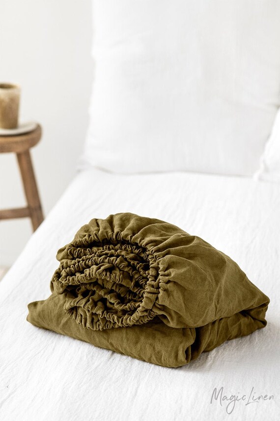 Linen Fitted Sheet In Olive Green King Queen Custom Bed Linen Fitted Sheet In Olive Green King, Olive Green King Size Bedding