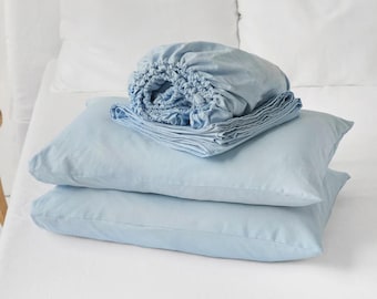 Sky Blue Linen Cotton Sheet Set – Light Blue Stonewashed Bedding – Breathable Fitted Sheet, Flat Sheet and Pillowcases – Soft Coastal Sheets