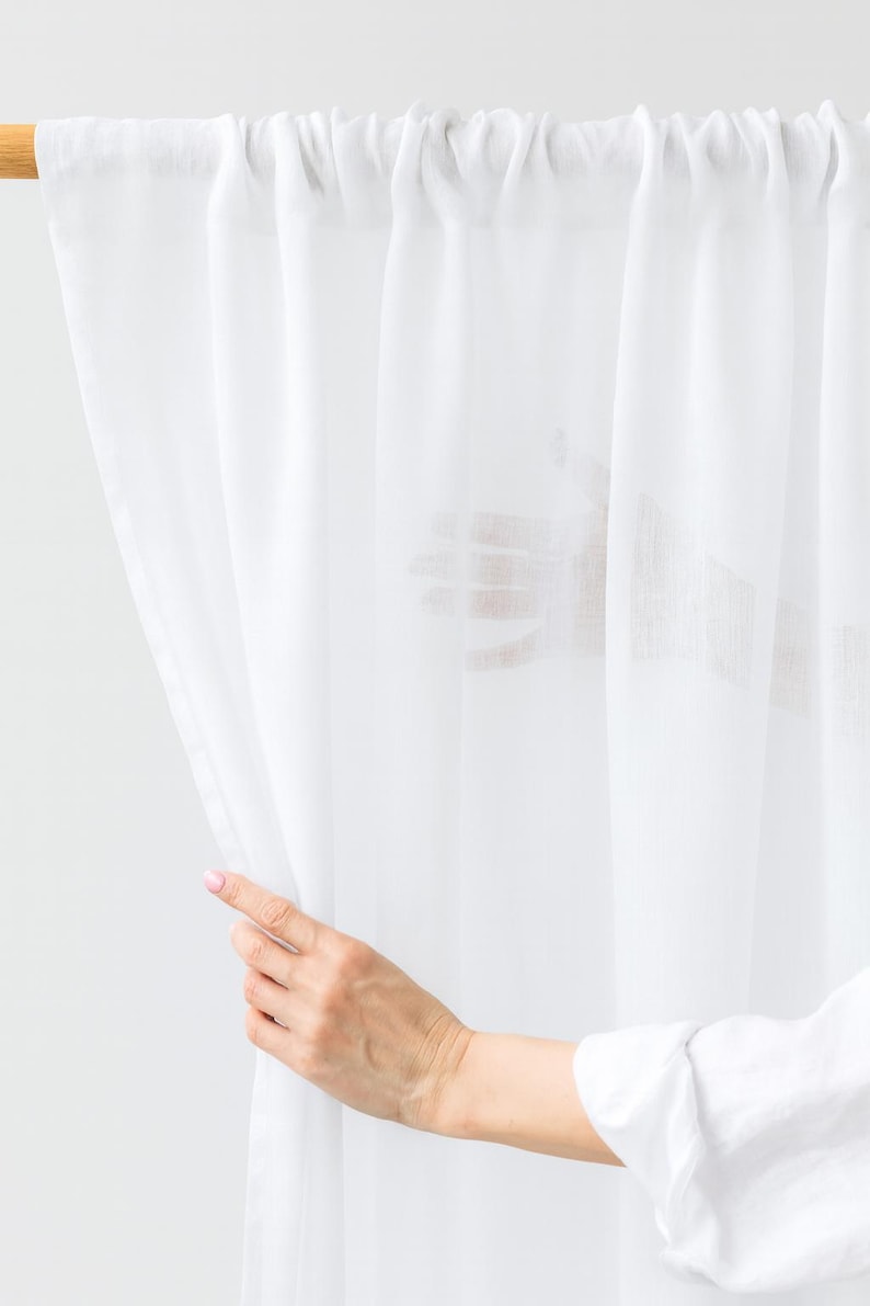 White Sheer Linen Rod Pocket Curtain – Panel for Windows, Doors or Room Dividers – Lightweight Custom Farmhouse Style Drapes image 1