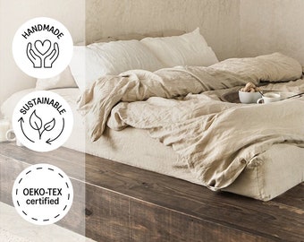 Linen bedding set in Natural Linen (Oatmeal) color (duvet cover + 2 pillowcases). US King, Queen.