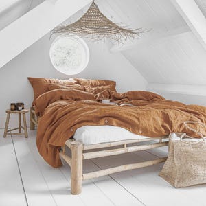 Cinnamon Linen Duvet Cover Set – 3 Piece Queen King Bedding – European Flax, Stonewashed Midweight Linen, Breathable Warm Tone Bedding Set