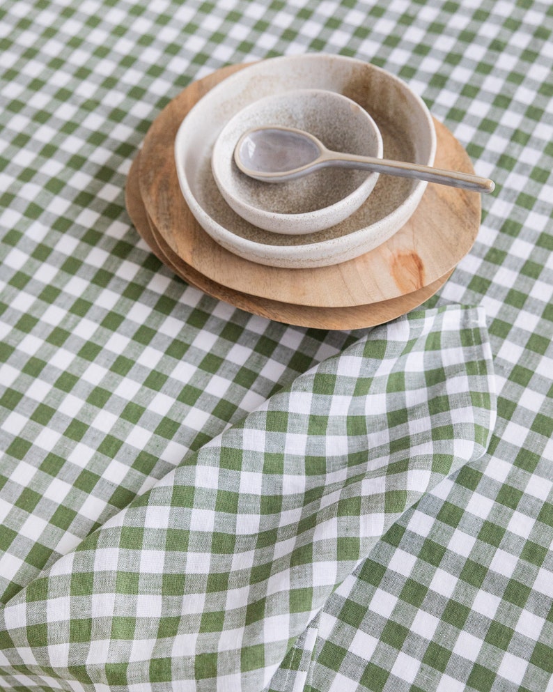 Linen tablecloth in Forest green gingham. Rustic farmhouse tablecloth. Large tablecloth. Kitchen table linen. Custom sizes available image 4